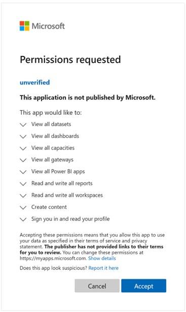 Microsoft Entra ID permissions consent dialog for Power BI embedding
